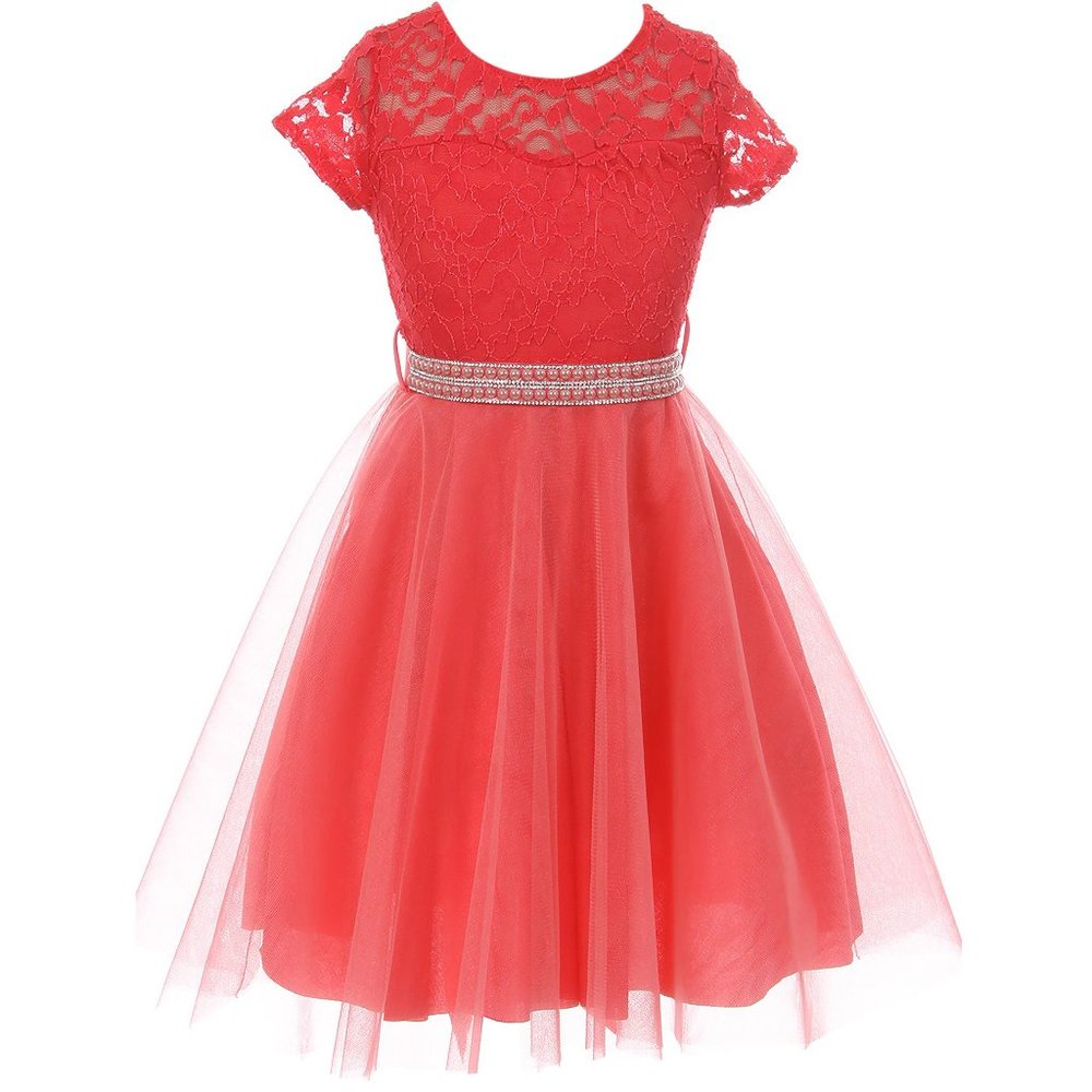 Cute Cap Sleeve Floral Lace Tulle Pearl Holiday Party Birthday Flower Girl Dress